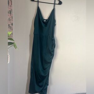 Emerald Satin Slip Midi Cocktail Dress